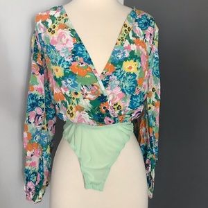 SkyLar Rose floral puff sleeve boho bodysuit long sleeve